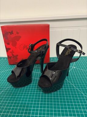 Pleaser Kiss 209 Black Patent Platform Peep-Toe Ankle Strap Heels
